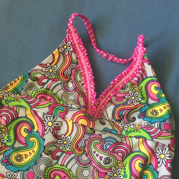 Angel Beach Size 12 Tankini Halter Clasp Color Pop Paisley Ruffle Swimsuit Girls - Picture 2 of 8